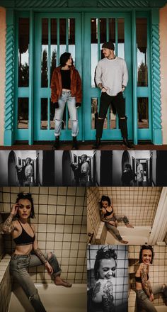 two women are posing in front of a blue door and one woman is sitting on the floor