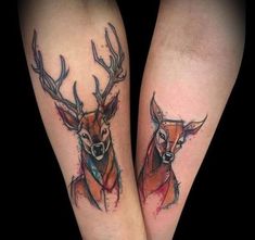 two deer tattoos on both legs