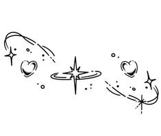 a black and white drawing of two hearts flying through the air with a star above them