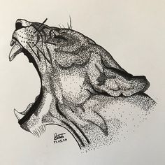 a black and white drawing of a tiger's head with it's mouth open