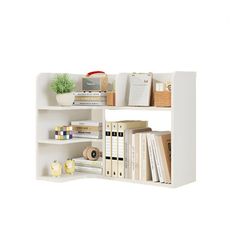 a white shelf with books and other items on it