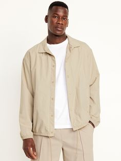 spread collar drop-shoulder sleeves elasticized cuffs snap front welt pockets drawcord hem loose fit hits at hip model is approx.  6'1" and wears size mmachine wash according to the care instruction label Holiday Gifts For Men, Jacket Beige, Beige Jacket, Old Navy Men, Big And Tall, Welt Pockets, Shoulder Sleeve, Welt Pocket, Toddler Boys