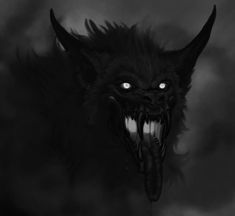 a black and white photo of a demon with its mouth open in front of dark clouds