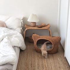 a cat in a bed that is on the floor next to a table and lamp