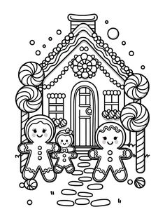 a black and white drawing of three gingerbreads in front of a christmas house