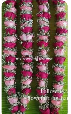 pink roses and baby's breath flowers are arranged in rows on a green background