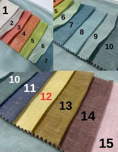 the different colors of fabric are shown in four rows, with numbers on each side