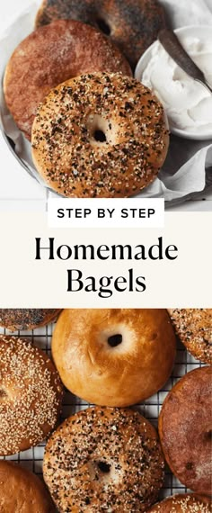 homemade bagels with poppy seed sprinkles on top and the words step by step