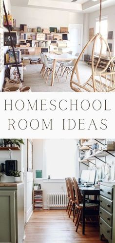 the inside of a room with chairs, tables and bookshelves in it text reads homeschool room ideas