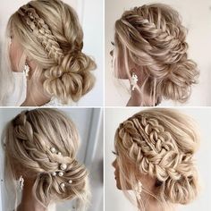 four pictures of different styles of braids and buns with pearls on the side