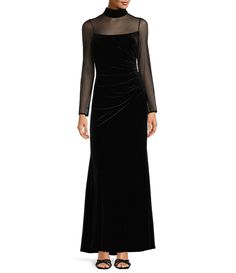 Eliza J Mock Neck Mesh Stretch Velvet Side Ruched Long Illusion Sleeve Keyhole Back Gown | Dillard's Black Velvet Formal Dress, Motb Dress, Velvet Long Dress, Velvet Formal Dress, Illusion Sleeves, Velvet Evening Dress, Formal Wedding Guest Dress, Velvet Dress Long, Buy List