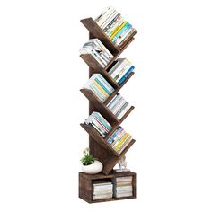 a tall wooden book shelf with books on it's sides and two planters in the middle