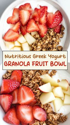 granola fruit bowl with yogurt and sliced strawberries in the middle on top