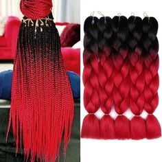 Color Braiding Hair, Red Braiding Hair, Afro Hair Extensions, Red Afro, Senegal Twist, Wavy Hair With Braid, Colored Box Braids, Black Red Hair