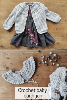 the crochet baby cardigan pattern is shown in three different sizes and colors