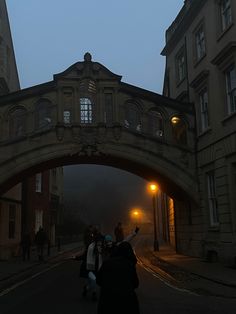 people walking under an arched bridge at night