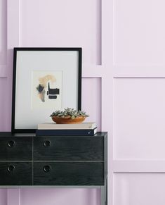 a black dresser with a potted plant on top and a framed photograph above it