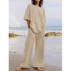 Season:Summer,Spring; Fabric:Cotton And Linen; Sleeve Length:Half Sleeve,Long Sleeve; Gender:Women's; Nightwear Style:Loungewear,Sets; Style:Basic; Elasticity:Micro-elastic; Tops Type:T Shirt; Occasion:Street,Daily; Function:Breathable; Pattern:Pure Color; Design:Pocket,Elastic Waist; Neckline:Crew Neck; Bottom Type:Pant; Listing Date:04/26/2024; Hips:; Length [Bottom]:; Length [Top]:; Waist:; Bust:; Sleeve Length: Womens Loungewear Sets, Style Désinvolte Chic, Wide Leg Pant Suit, Style Casual Chic, Women's Loungewear, Casual Belt, Style Basic, Spring Fabric, Wide Leg Linen Pants