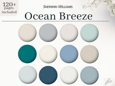 the ocean breeze color palette is shown in shades of blue, white and gray with flowers