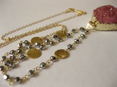 Chunky purple OR red Druzy gemstones goldfil wire wrapped beaded necklace Long  Druzy Agage necklace  Gemstones Layering jewelry - pinned by pin4etsy.com Chunky Pendant, Layering Jewelry, Pinkish Purple, Druzy Agate, Gold Dipped