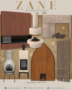 a poster with different types of furniture and decor on it's side, including a fireplace