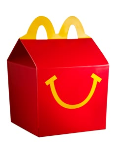 a red box with a yellow smiley face on the front and bottom, sitting in front of a white background