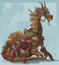 a drawing of a dragon sitting on top of a pile of junk and other items