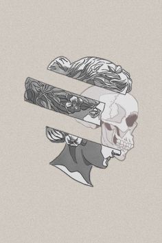 a drawing of a skull with two different types of hair on it's head