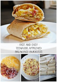 breakfast burritos are stacked on top of each other with the words, fast and easy