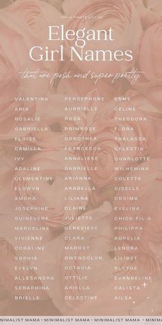 an elegant girl names poster with pink roses