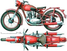 a drawing of a red motorcycle with parts attached