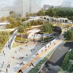 an artist's rendering of a park with people walking around