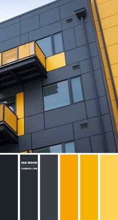 an apartment building with yellow and gray colors on the outside, along with other color swatches