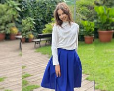 Pleated midi skirt in many colors. Elegant knee length skirt. ➤ Features > Skirt length: 65 cm (25'') including belt 2,5 cm (1'') > High waist skirt > Wide front and back pleats > Fully flared skirts > Mid length > Skirt has lining ➤ Model wears size XS/36, color -Royal blue- ➤ Sizing My Size Guide in FAQ section below will help you define the perfect size match.  The item can also be made according to your measurements - just message them to me.  ➤ Delivery Your item is made-to-order and will b Royal Blue Skirt, Pinup Skirt, Rockabilly Skirt, Cocktail Skirt, Royal Blue Skirts, Pastel Skirt, Midi Skirts Summer, 1950s Skirt, Cocktail Skirts