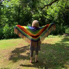 Boho triangle shawl light and airy. Lots of hippy fringe . Made with Chakra colors . Very colorful. Approximately 50 inches wide and 36 inches in length and 5 inches of fringe great to wear anywhere! Triangle Shawl, Chakra Colors, Triangle Shawls, Shawls And Wraps, Scarf Wrap, Labour Day, Chakra, Scarf Accessory, Shawl