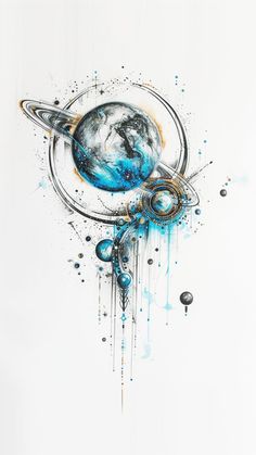 an artistic painting with blue and white paint on the bottom half of it, depicting planets