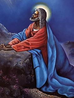 a painting of jesus sitting on a rock with his arms crossed and looking at the sky