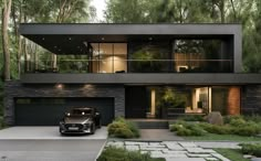 a car is parked in front of a modern house