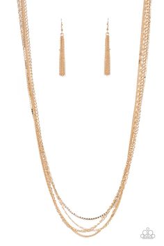 Mismatched strands of extended gold chains layer with a glitzy row of dainty white rhinestones across the chest, resulting in an edgy industrial centerpiece. Features an adjustable clasp closure. Sold as one individual necklace. Includes one pair of matching earrings. Industrial Centerpiece, Happy Jewelry, Mobile Boutique, Gold Long Necklace, Gold Jewelry Necklace, Paparazzi Accessories, White Rhinestone, Black Necklace, Paparazzi Jewelry