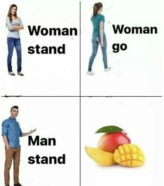 four different people standing in front of each other with the words woman stand go man stand