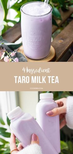 a woman holding two bottles of taro milk with the text, 4 ingredients to make your