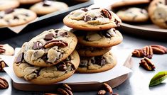 several chocolate chip cookies with pecans on the side and one in the foreground