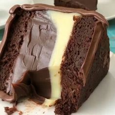 a piece of chocolate cake sitting on top of a white plate