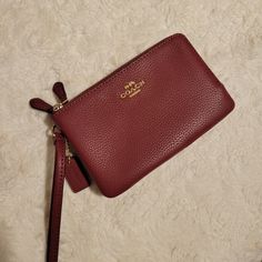 Coach Double Zip Wallet. Wrist Handle Attached. Dark Red. Never Used, Original Box Has A Crease, No Tags Red Wallet, Zip Wallet, Coach Bags, Dark Red, Wallets For Women, Original Box, Card Holder, Bag Lady, Wallet