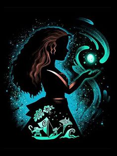 the silhouette of a woman holding a glowing ball in her hand with stars and swirls around