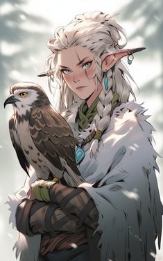 a woman with white hair holding an owl on her arm in front of snow covered trees