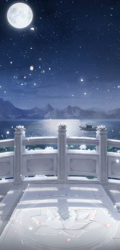 a balcony overlooking the ocean at night with stars and moon in the sky above it