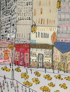 this is an image of a city street with yellow cabs and people on it