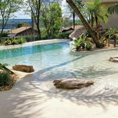 an outdoor swimming pool surrounded by palm trees and water features rocks, boulders, and plants