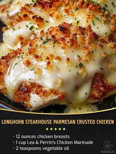 the menu for longhorn steakhouse parmesan crusted chicken